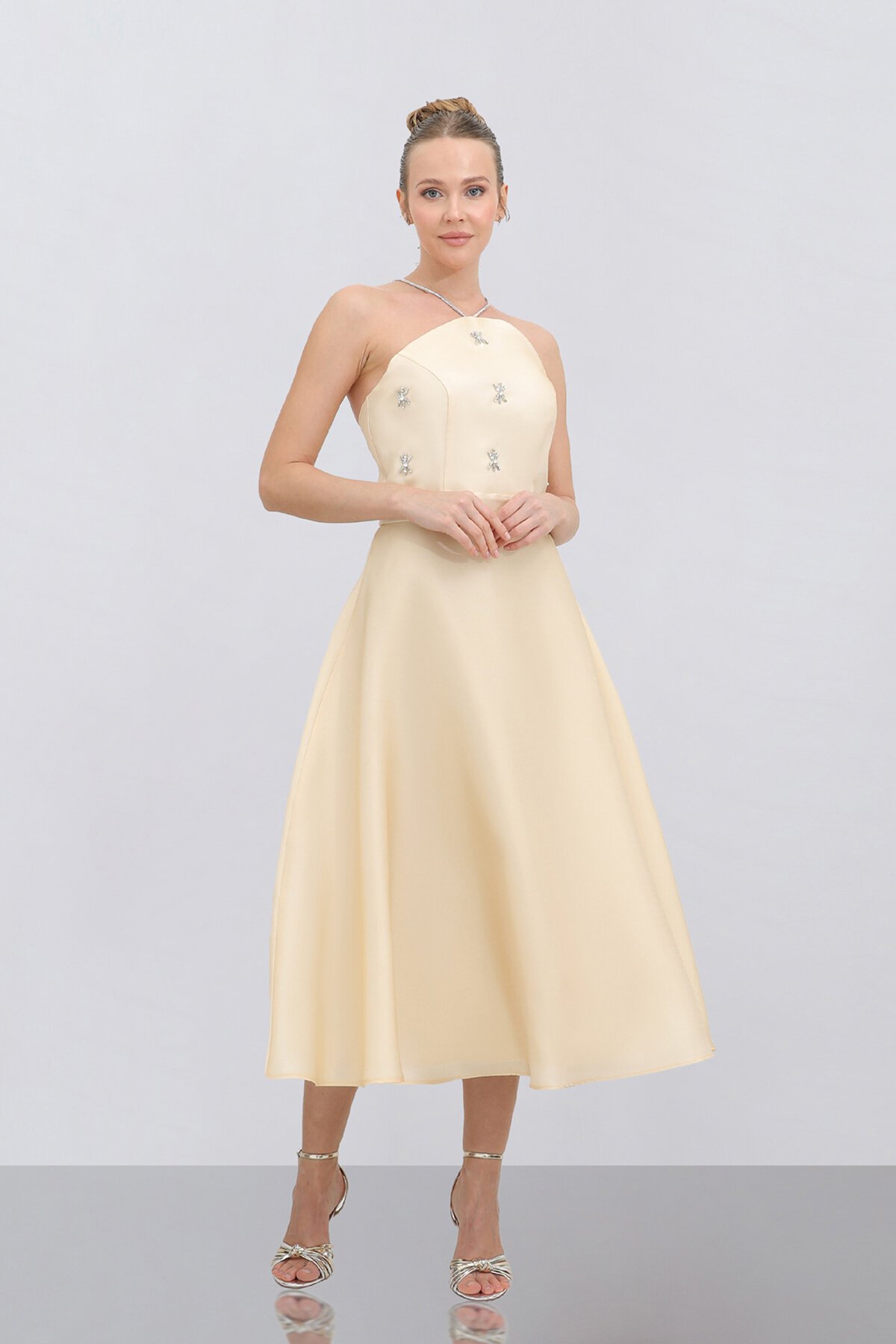 Halter Yaka Taş İşlemeli Midi Elbise - 1790