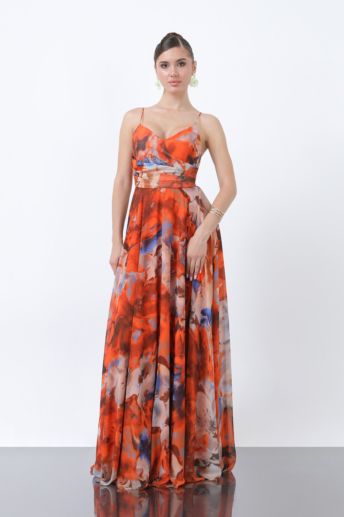 İnce Askılı Desenli Elbise - 1836