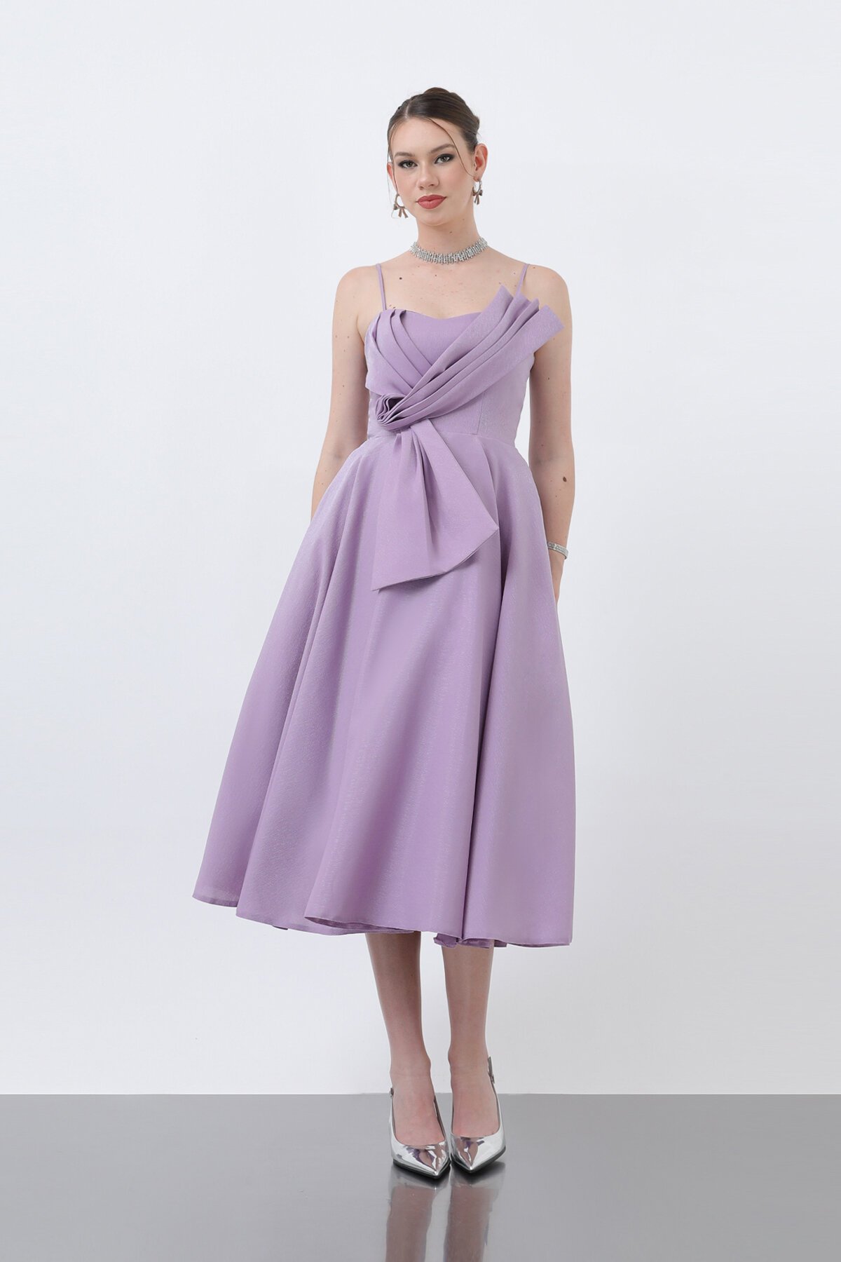 İnce Askılı Drape Detaylı Midi Elbise - 1878