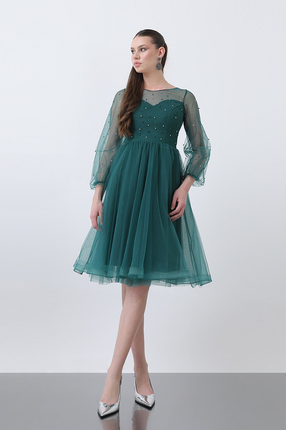 Tül Detaylı İncili Midi Elbise - 1658