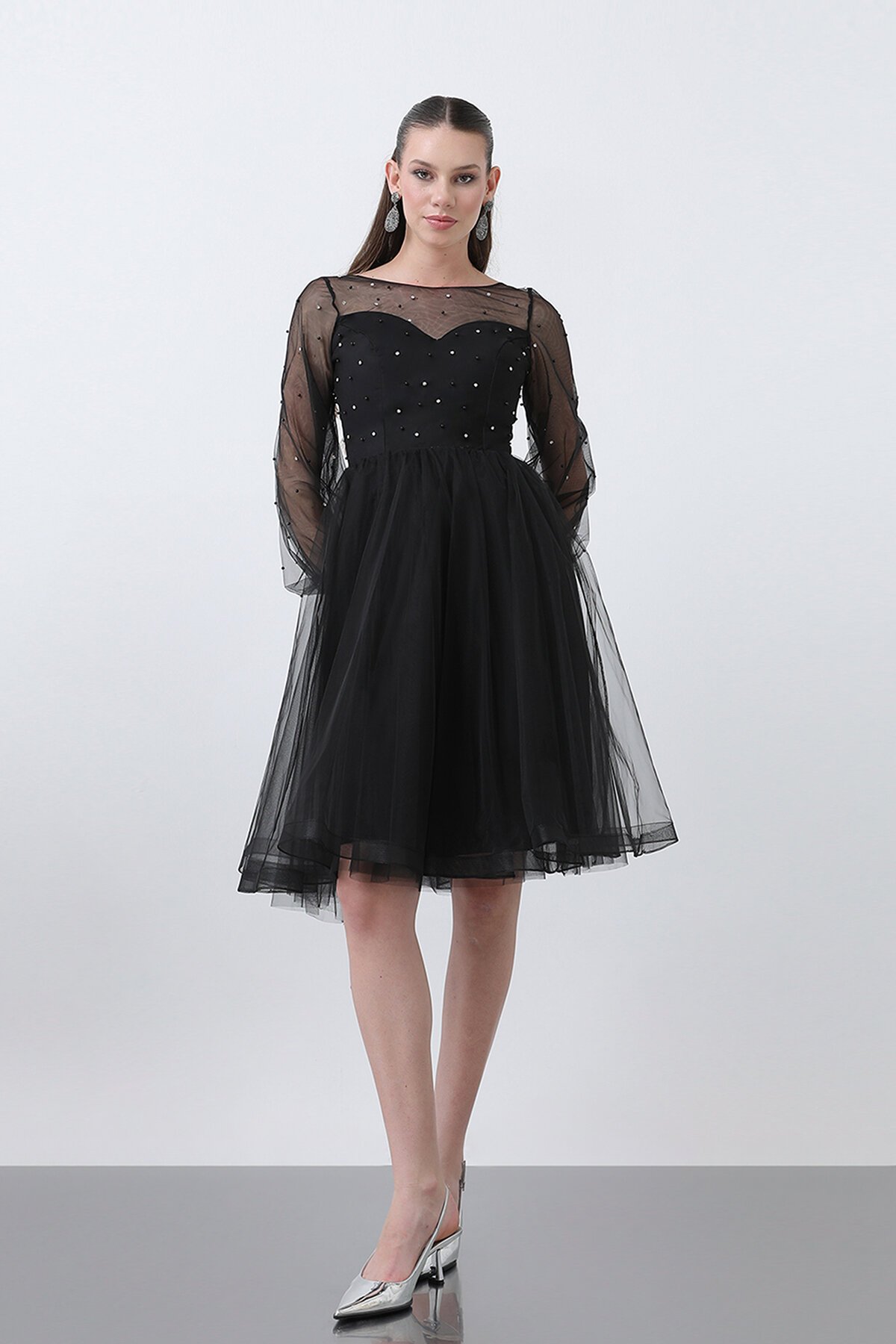 Tül Detaylı İncili Midi Elbise - 1658