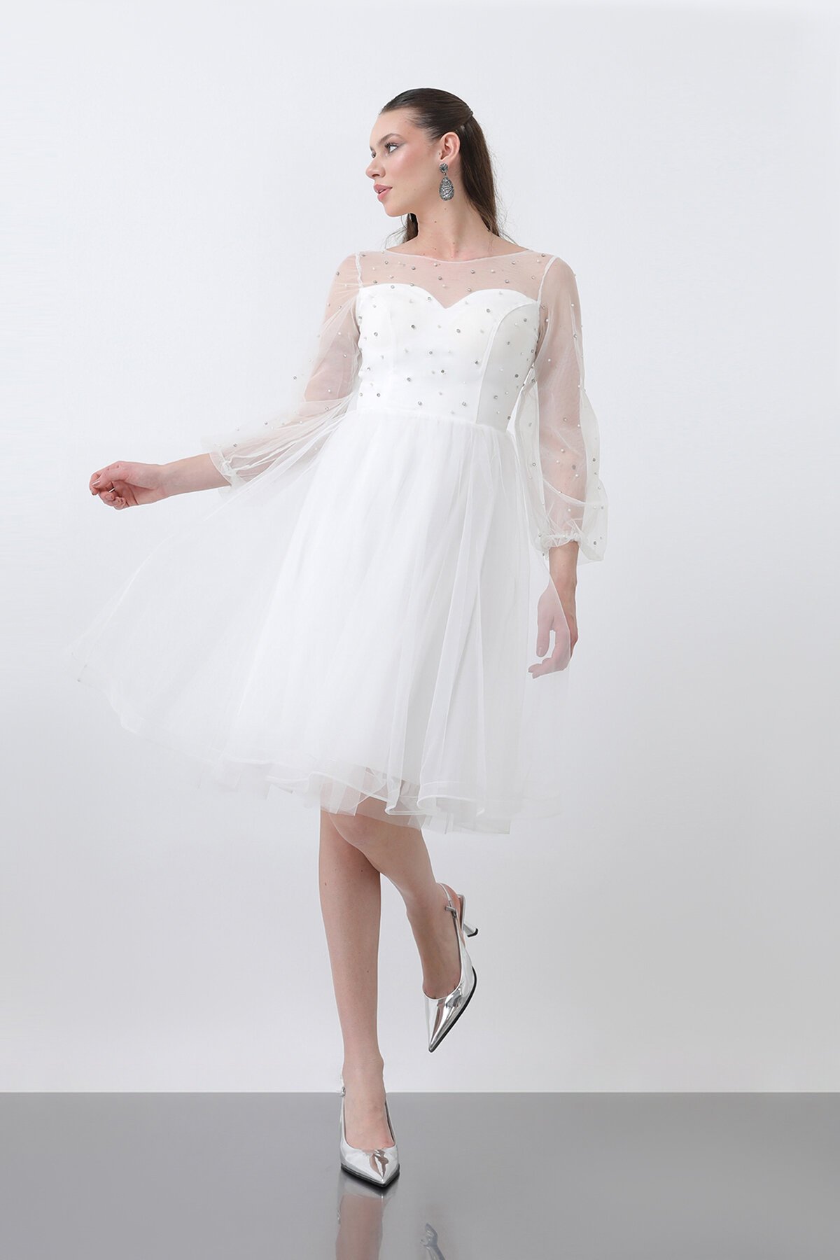 Tül Detaylı İncili Midi Elbise - 1658