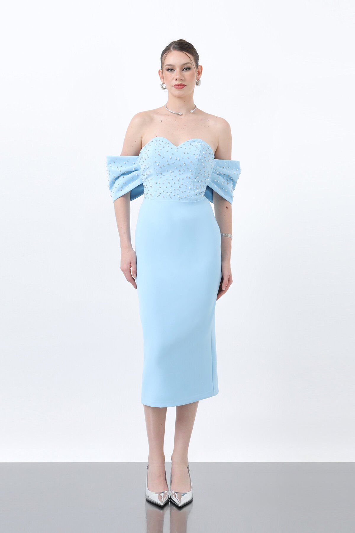 Kol Detaylı İncili Midi Elbise - 1823