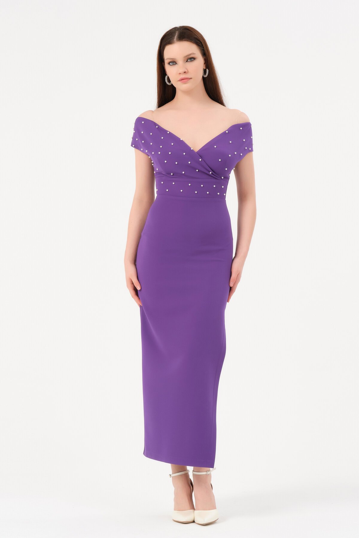 İncili Kruvaze Yaka Yırtmaçlı Midi Elbise - 1585