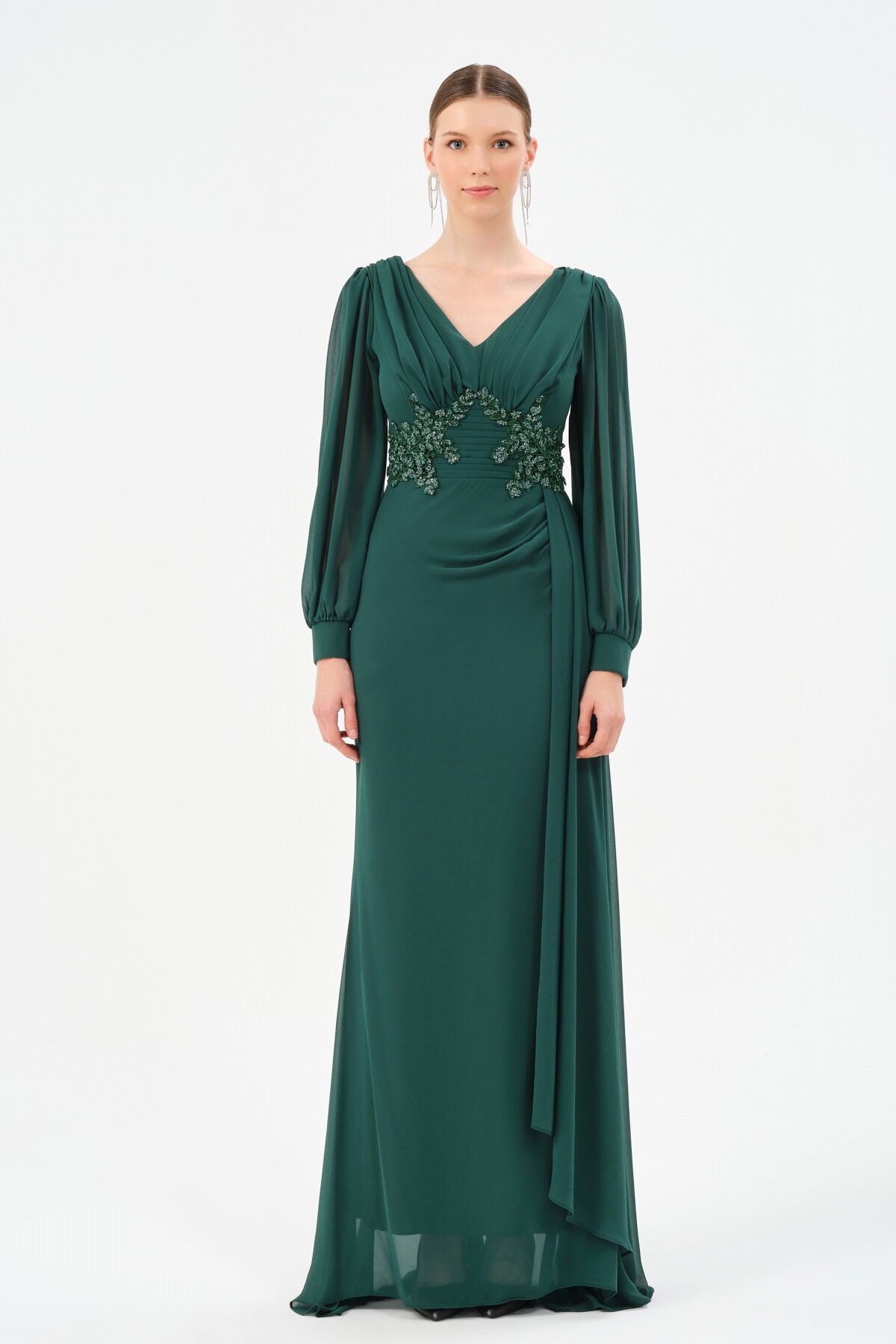 İşleme Detaylı Drapeli Elbise - 1509