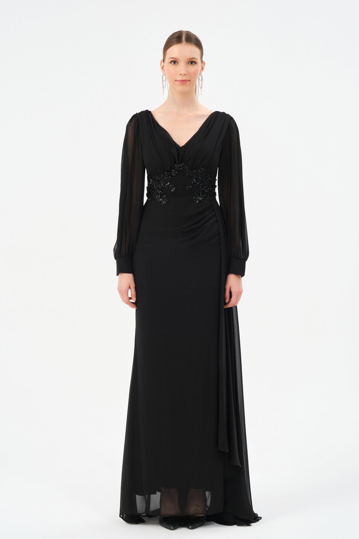 İşleme Detaylı Drapeli Elbise - 1509