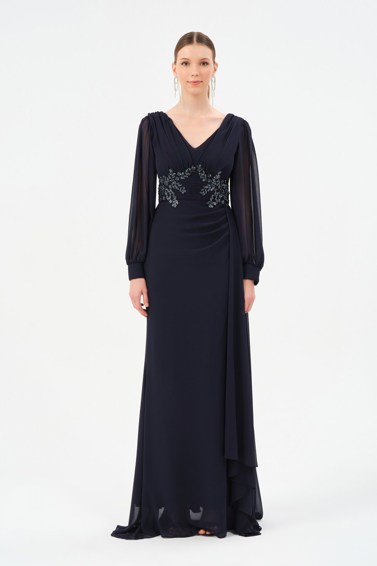 İşleme Detaylı Drapeli Elbise - 1509