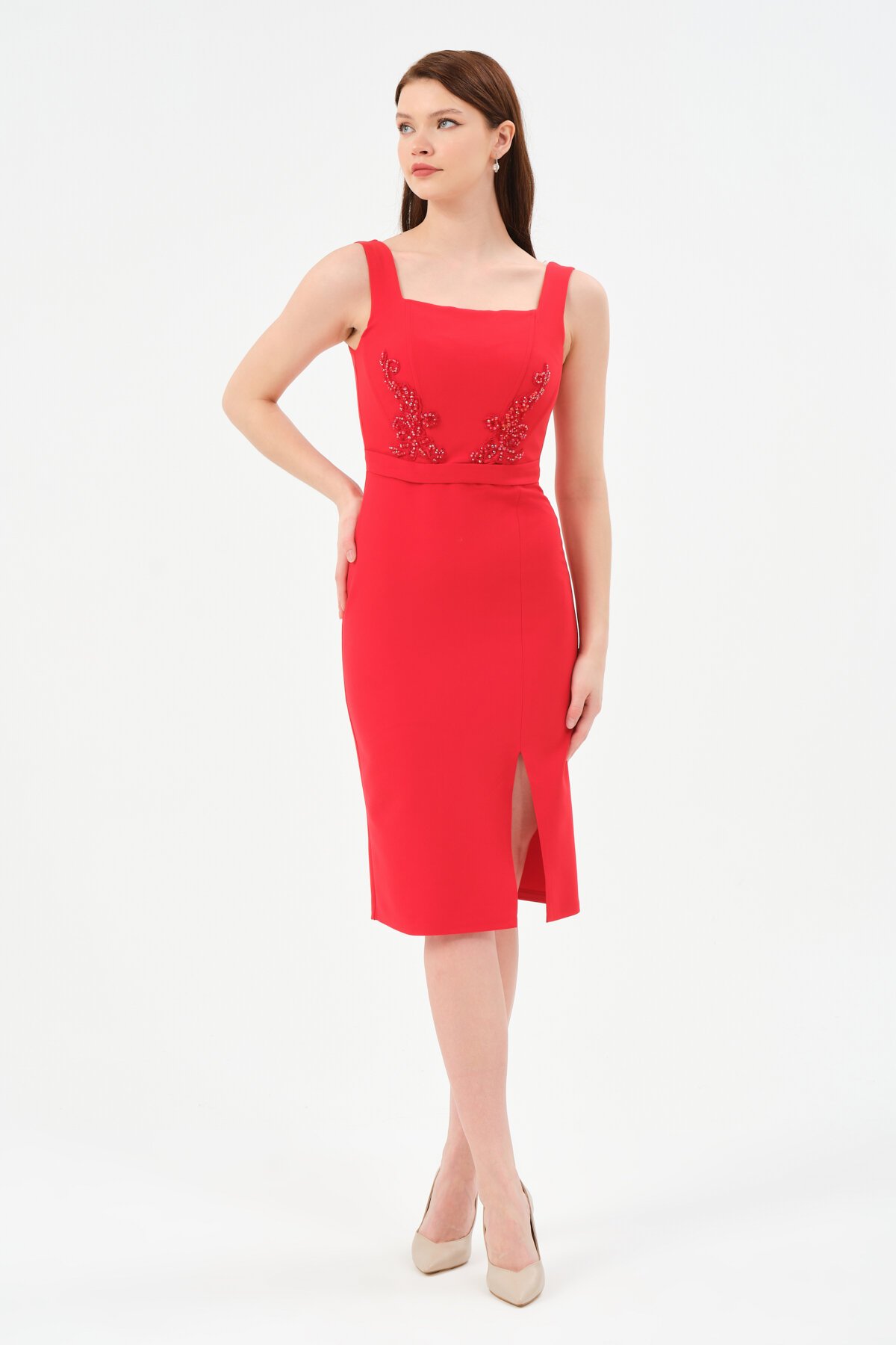 İşleme Detaylı Kare Yaka Midi Elbise - 1535