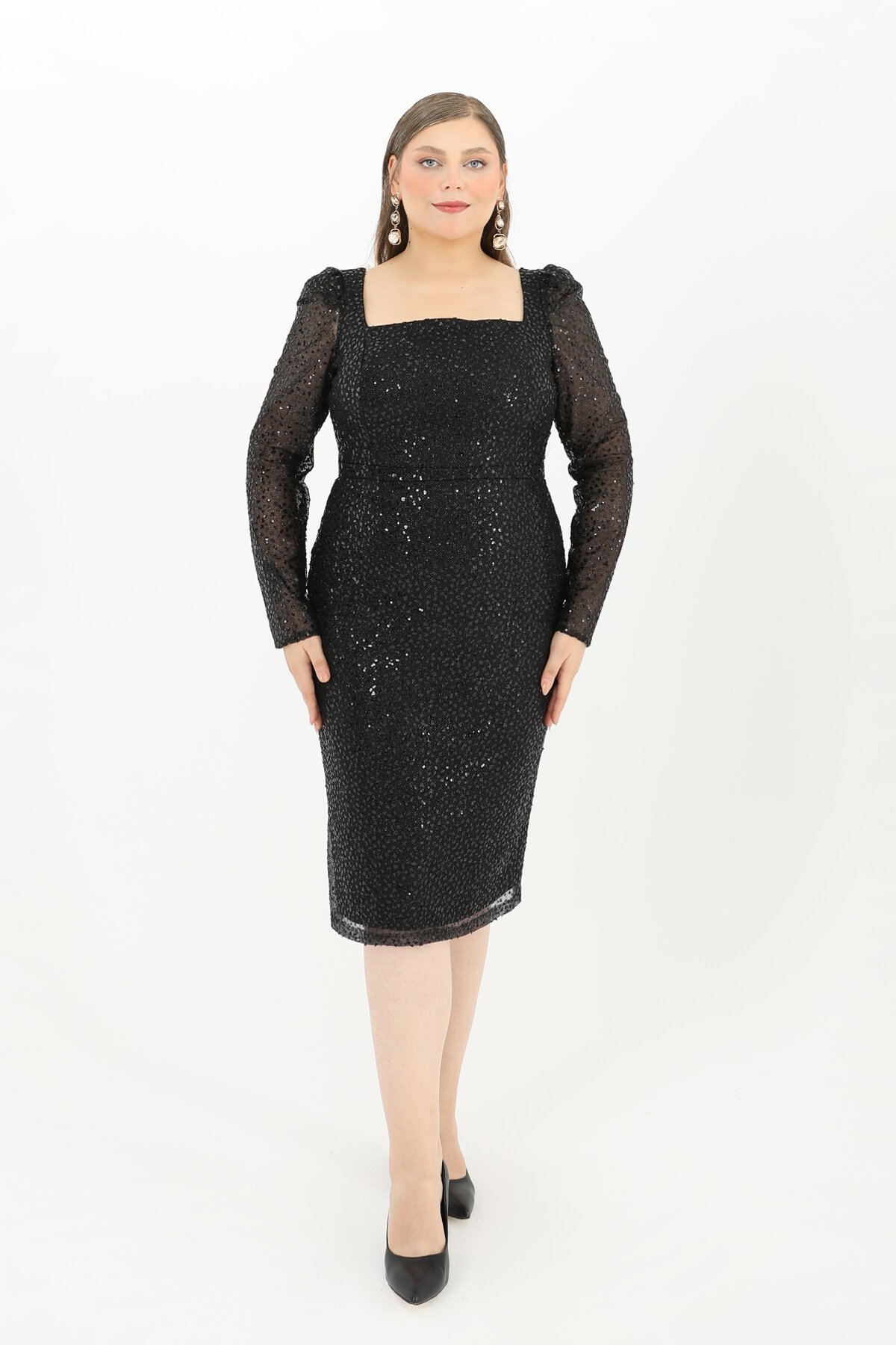 Kare Yaka Midi Elbise - 1627