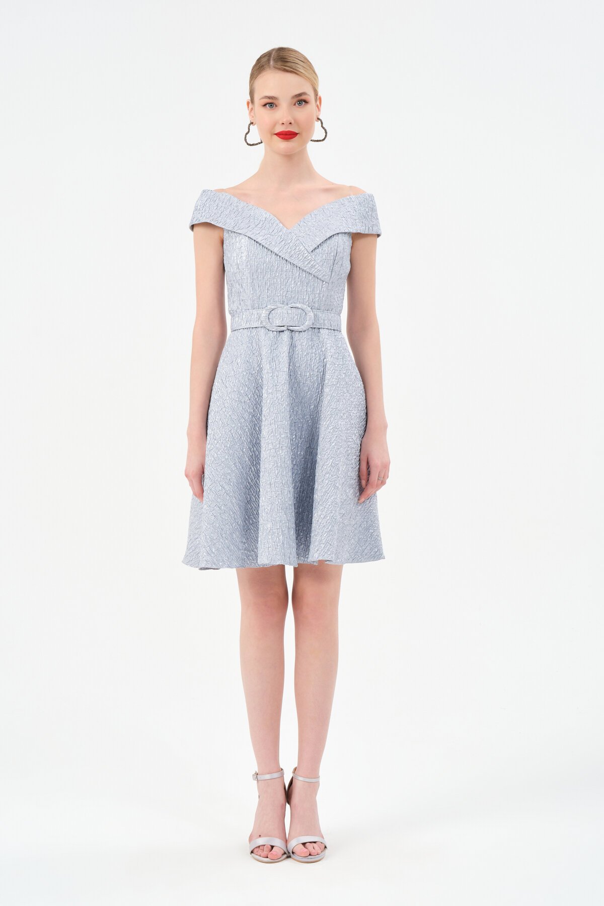 Kayık Yaka Kemer Detaylı Mini Elbise - 1543