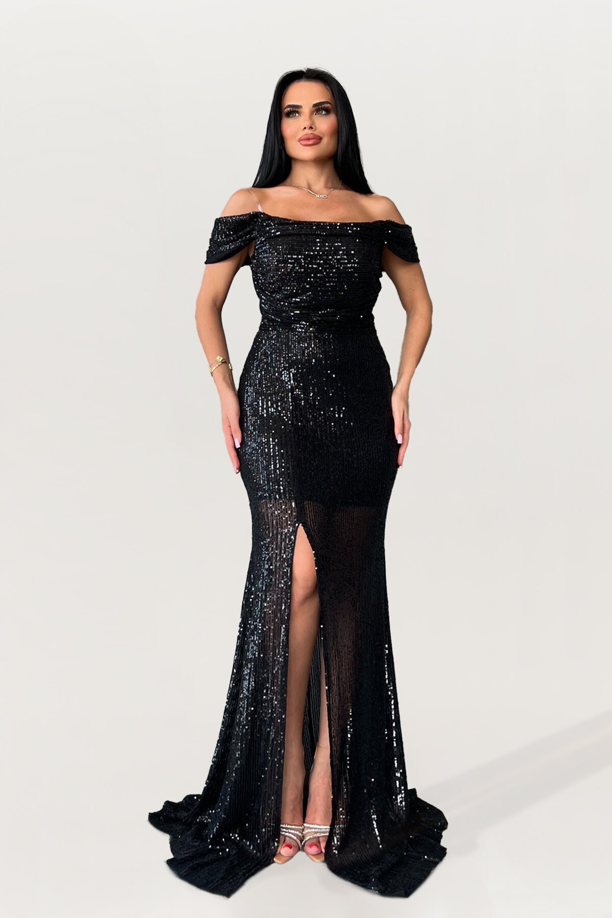 Kayık Yaka Payetli Yırtmaç Detaylı Elbise - 1708