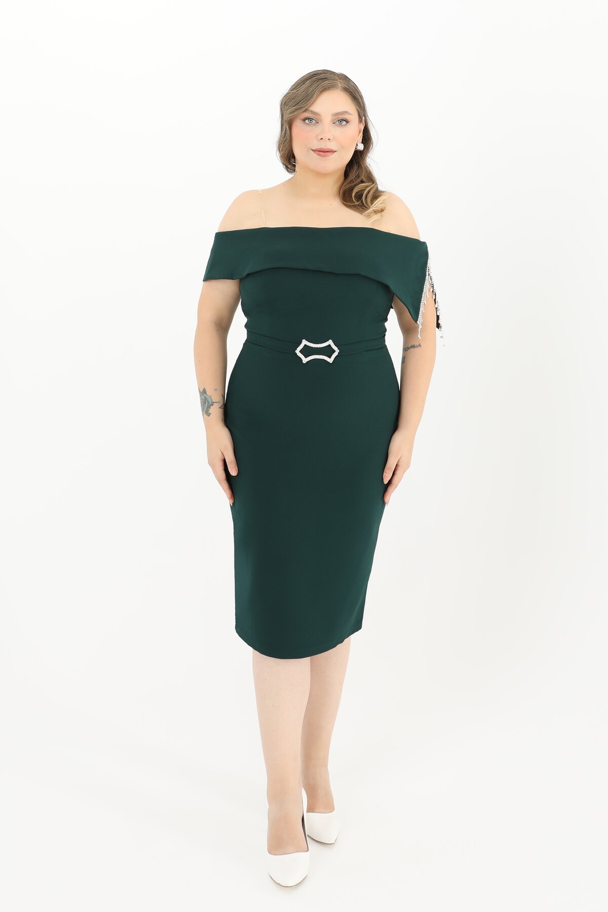 Kayık Yaka Taş Detaylı Midi Elbise - 1709