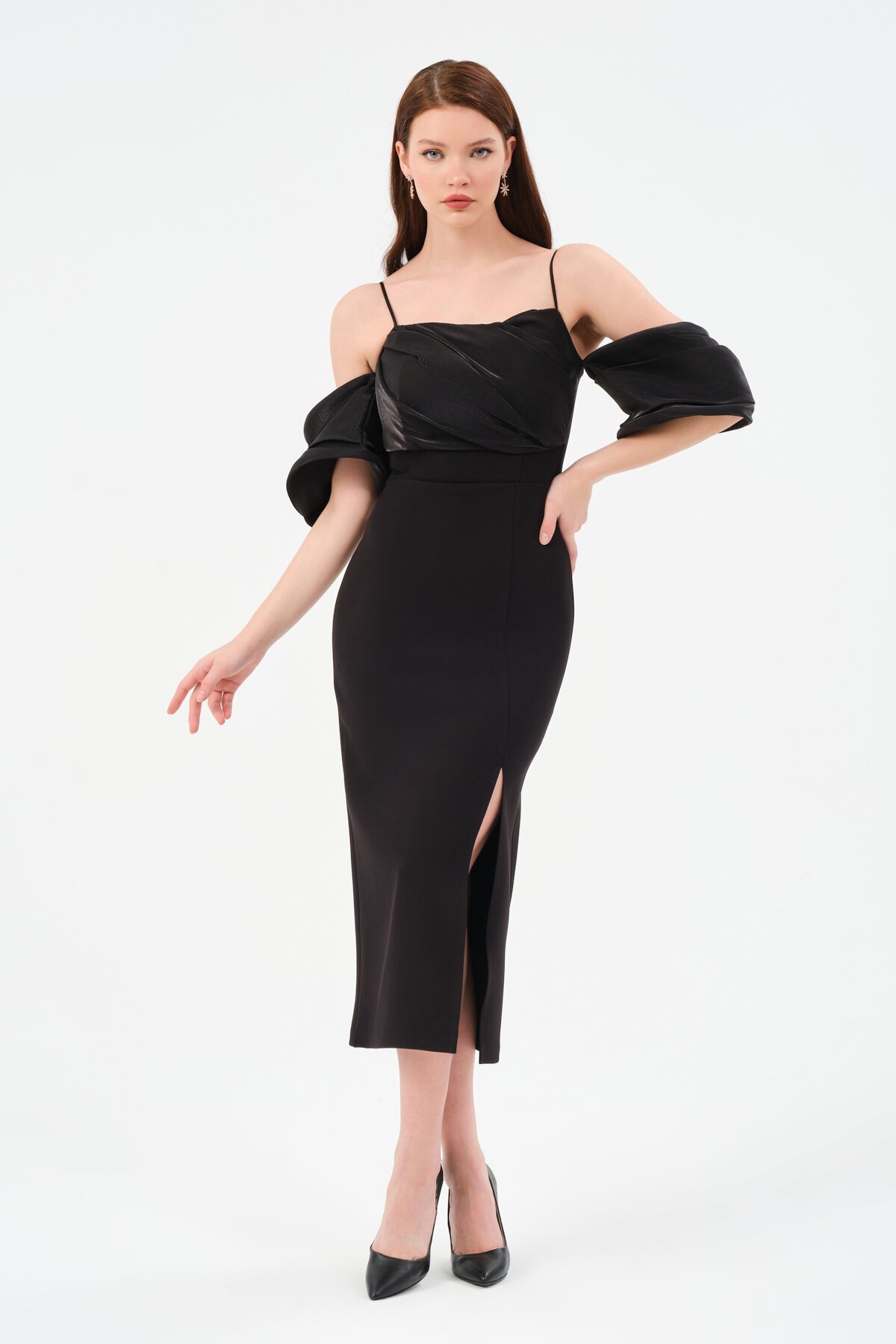 Kol Detaylı Yırtmaçlı Midi Elbise - 1582