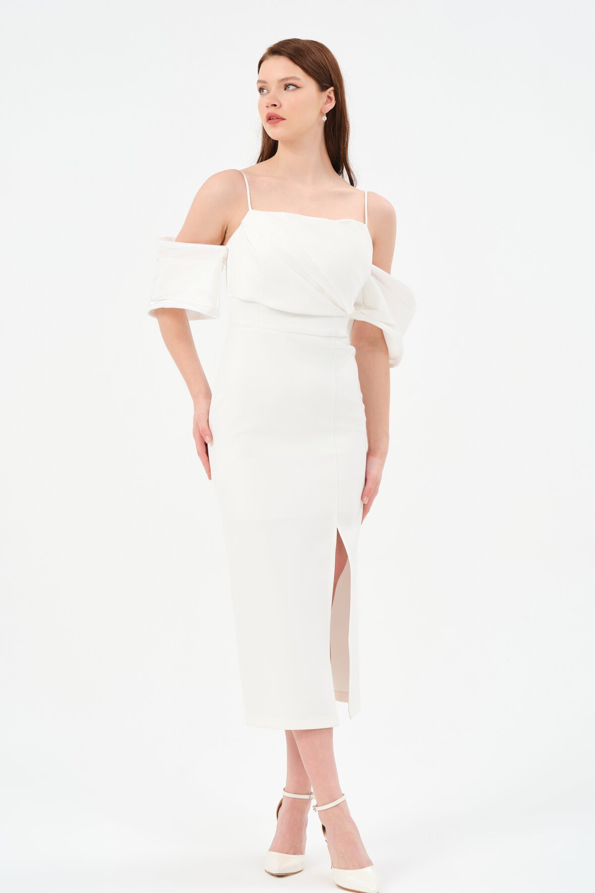 Kol Detaylı Yırtmaçlı Midi Elbise - 1582