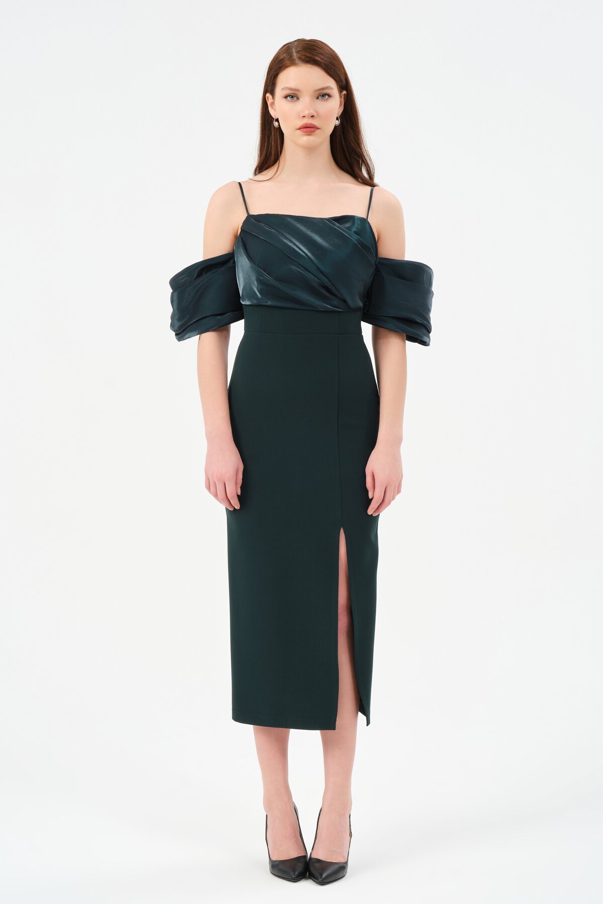 Kol Detaylı Yırtmaçlı Midi Elbise - 1582