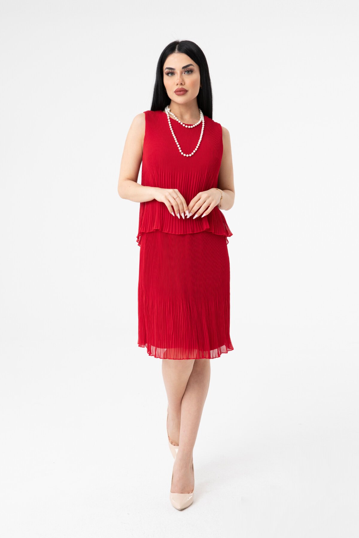 Kolye Detaylı Piliseli Midi Elbise - 653