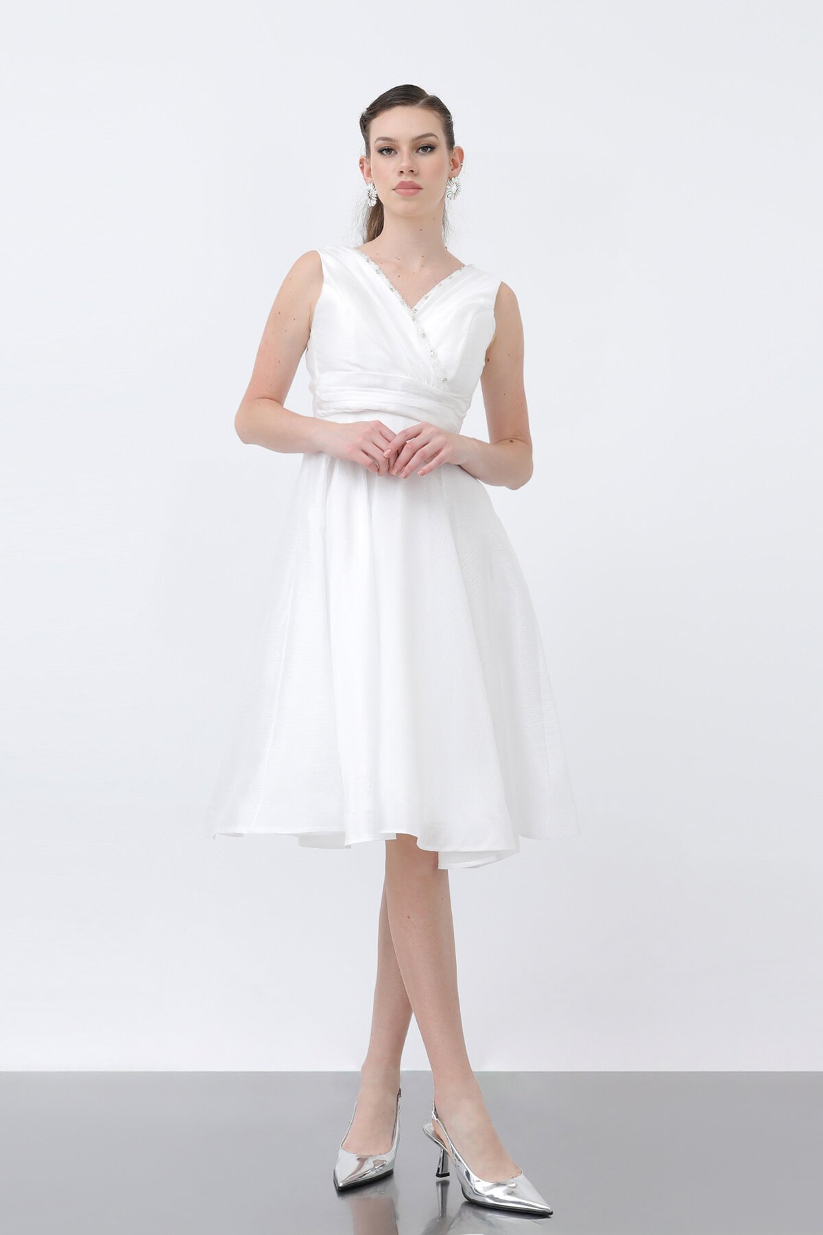 Kruvaze Yaka Taş Detaylı Elbise - 1663