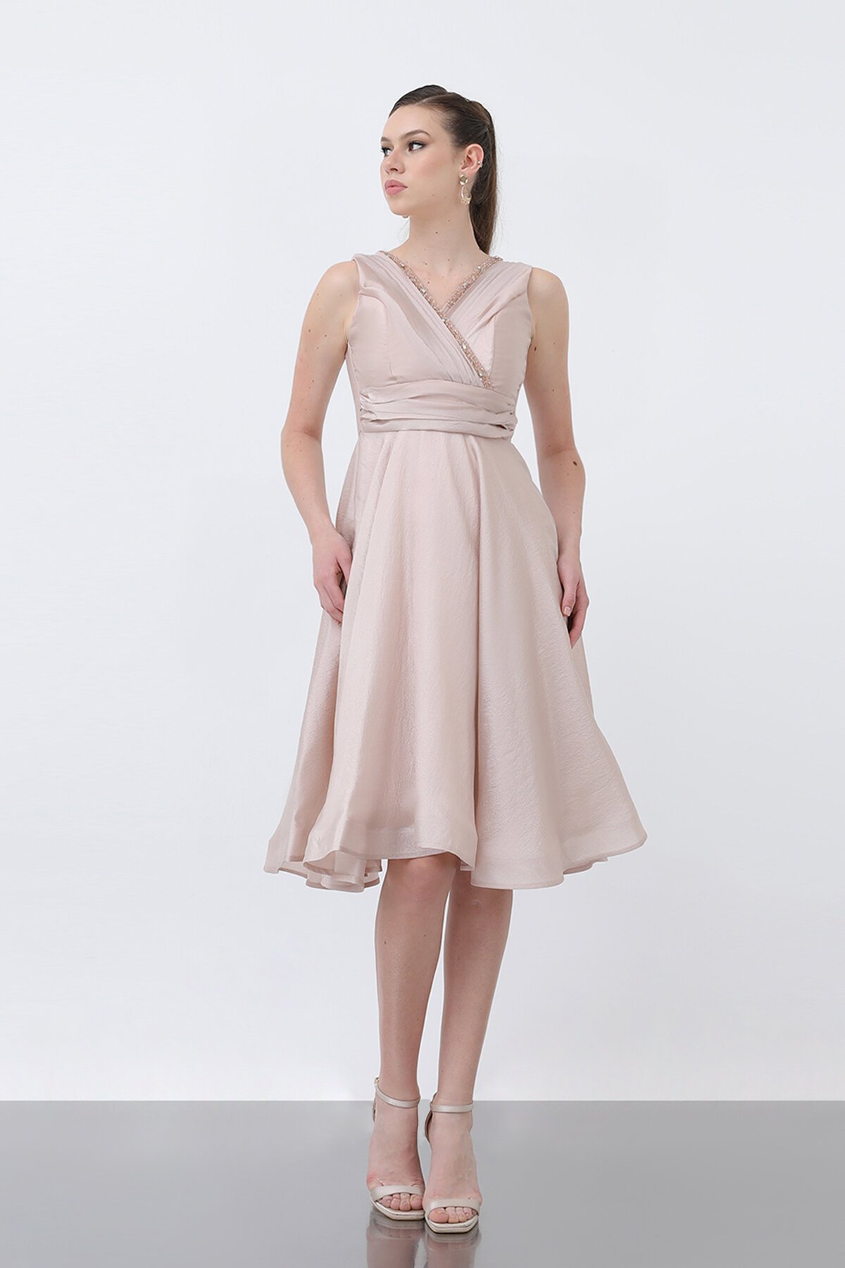 Kruvaze Yaka Taş Detaylı Elbise - 1663