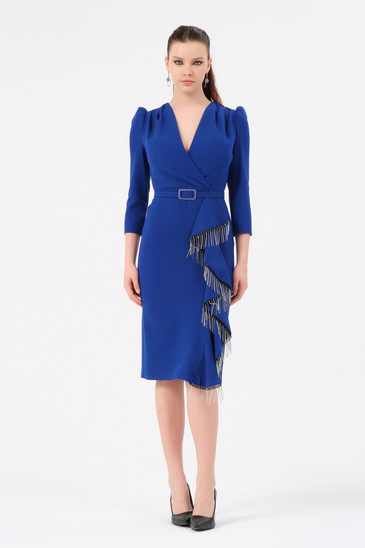 Kruvaze Yaka Kemerli Midi Elbise - 1610