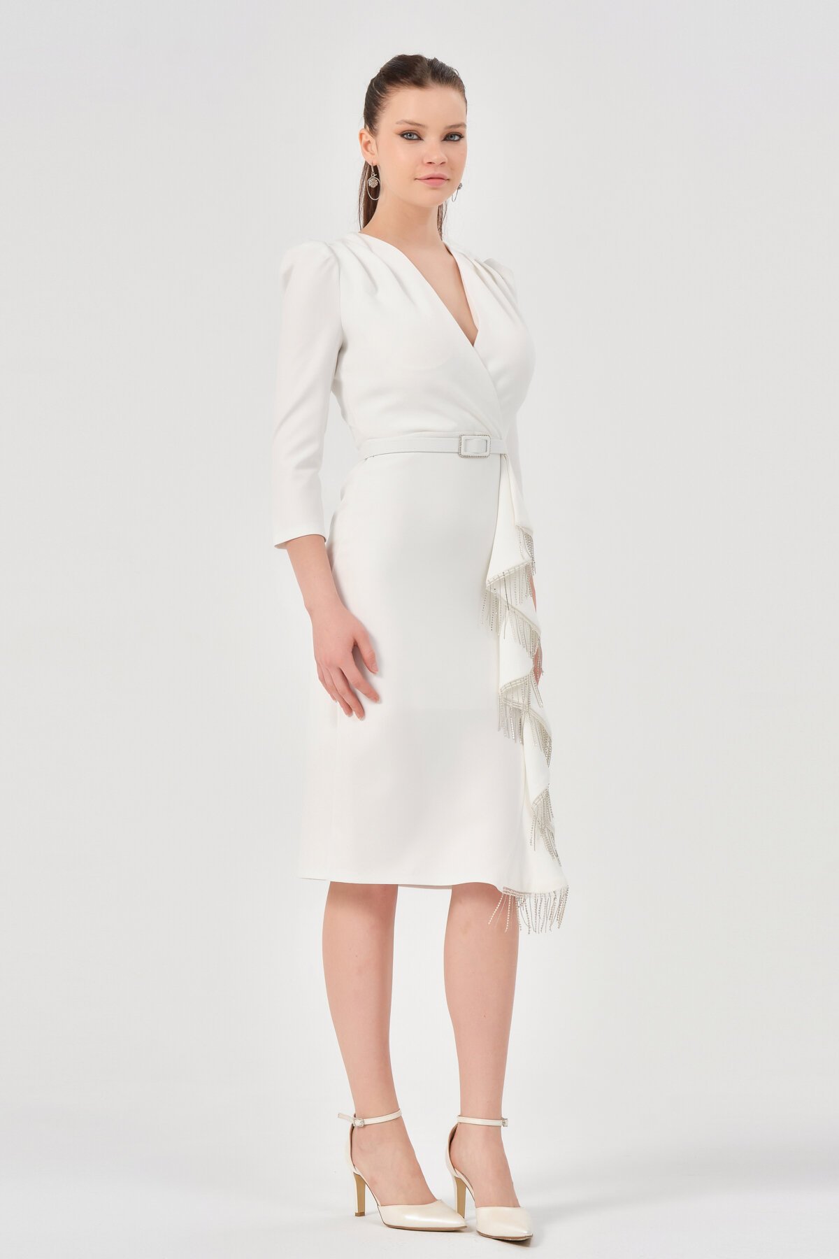 Kruvaze Yaka Kemerli Midi Elbise - 1610