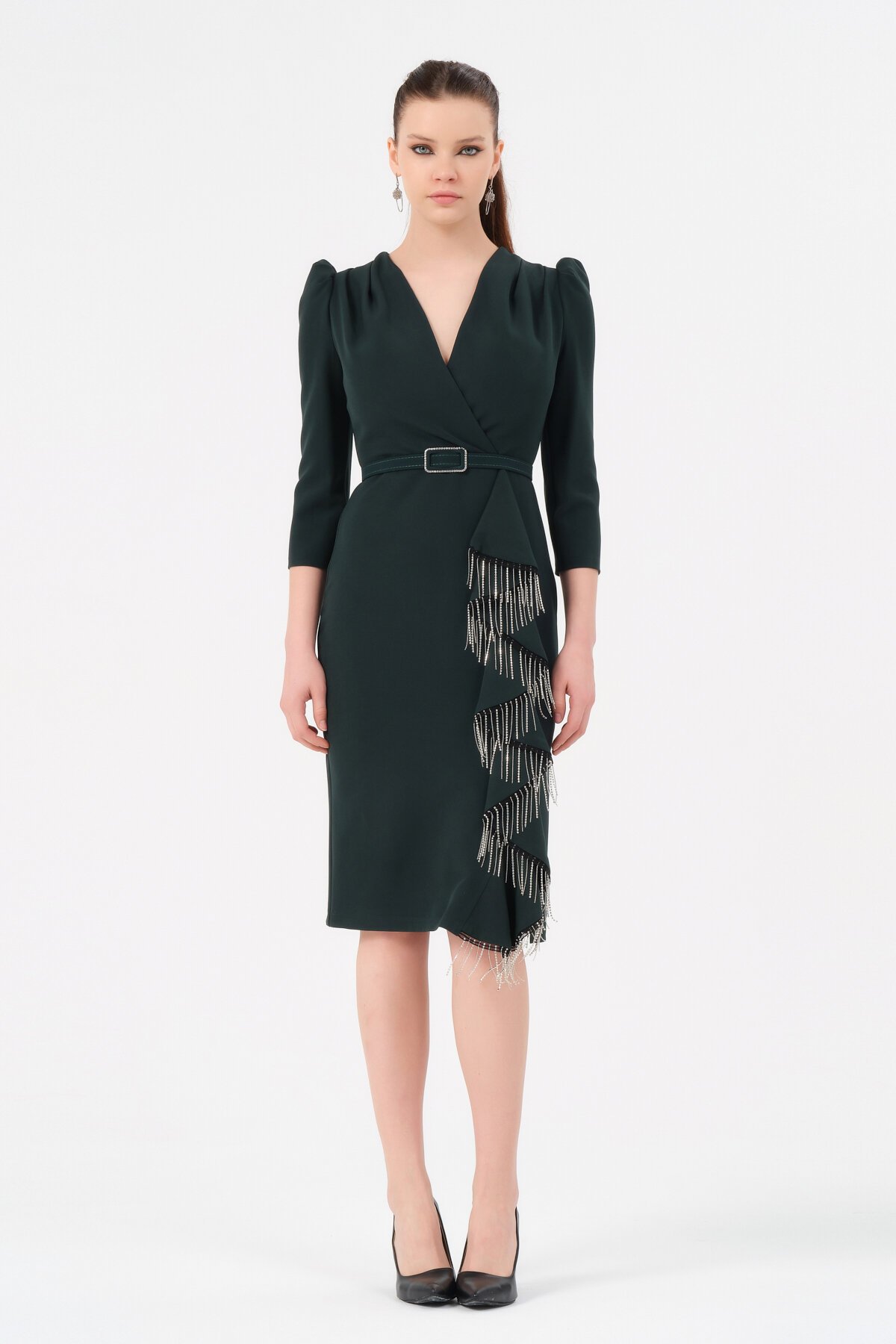 Kruvaze Yaka Kemerli Midi Elbise - 1610