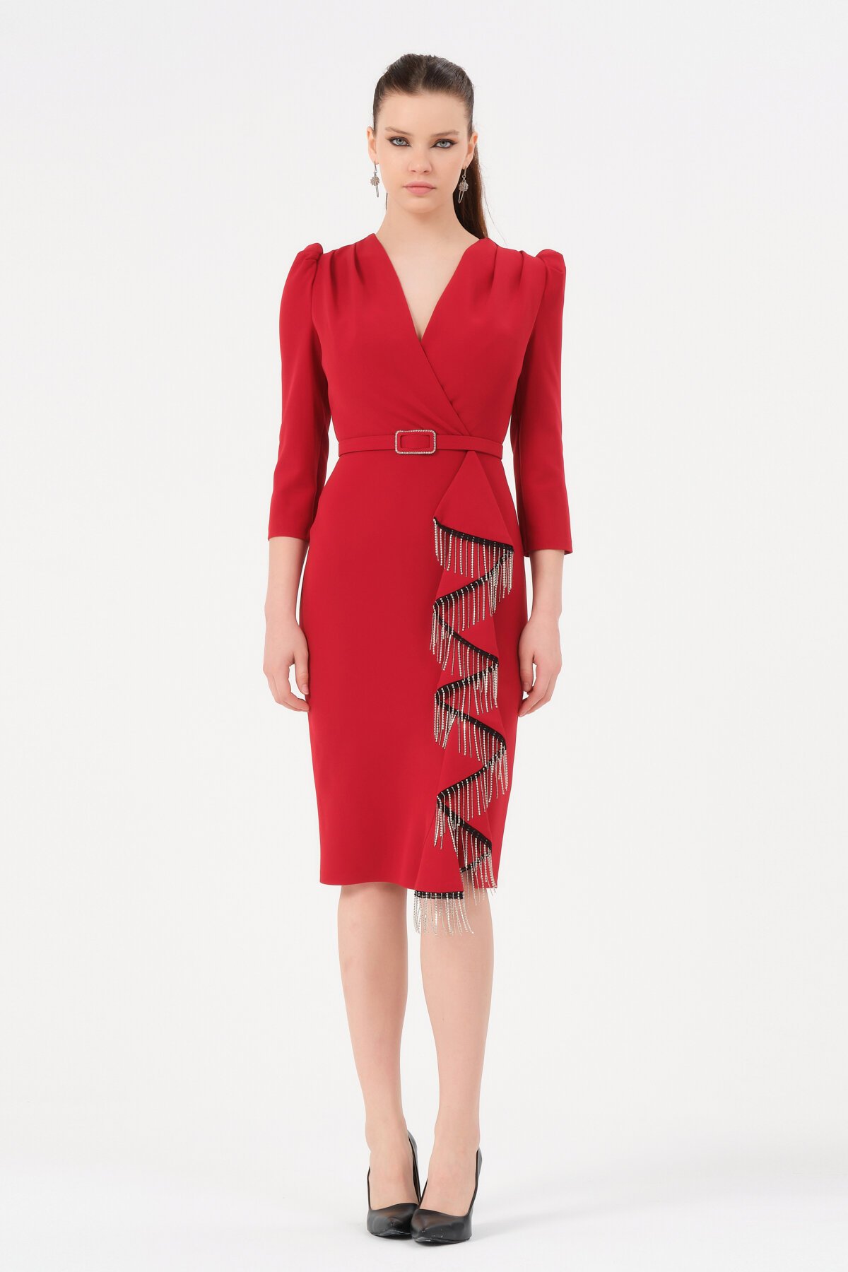 Kruvaze Yaka Kemerli Midi Elbise - 1610