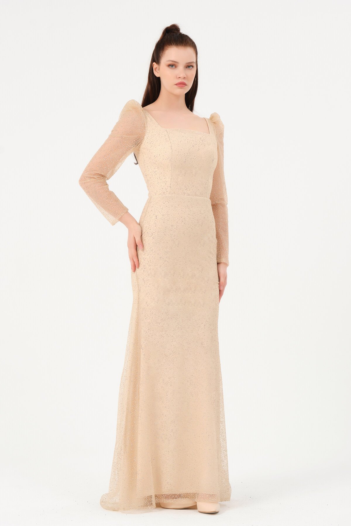 Omzu Büzgülü Kare Yaka Elbise - 1573