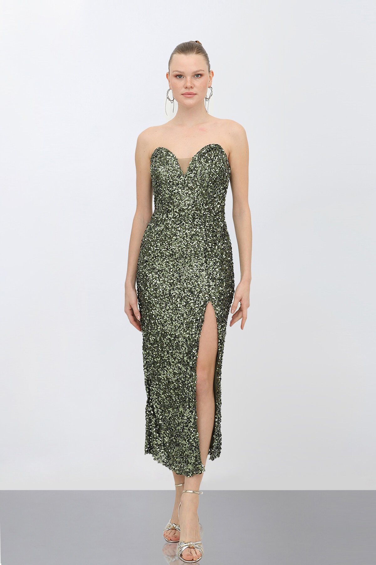 Payetli Yırtmaçlı Elbise - 1788