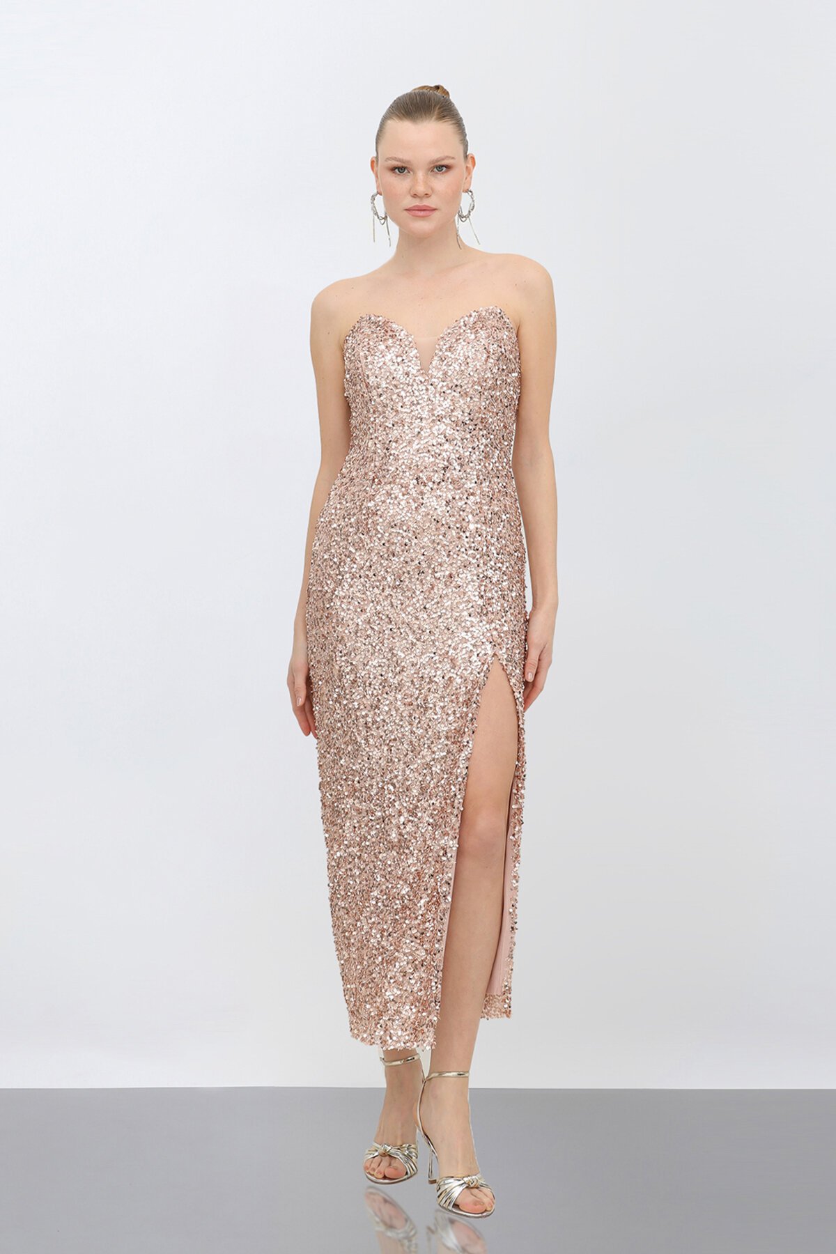 Payetli Yırtmaçlı Elbise - 1788