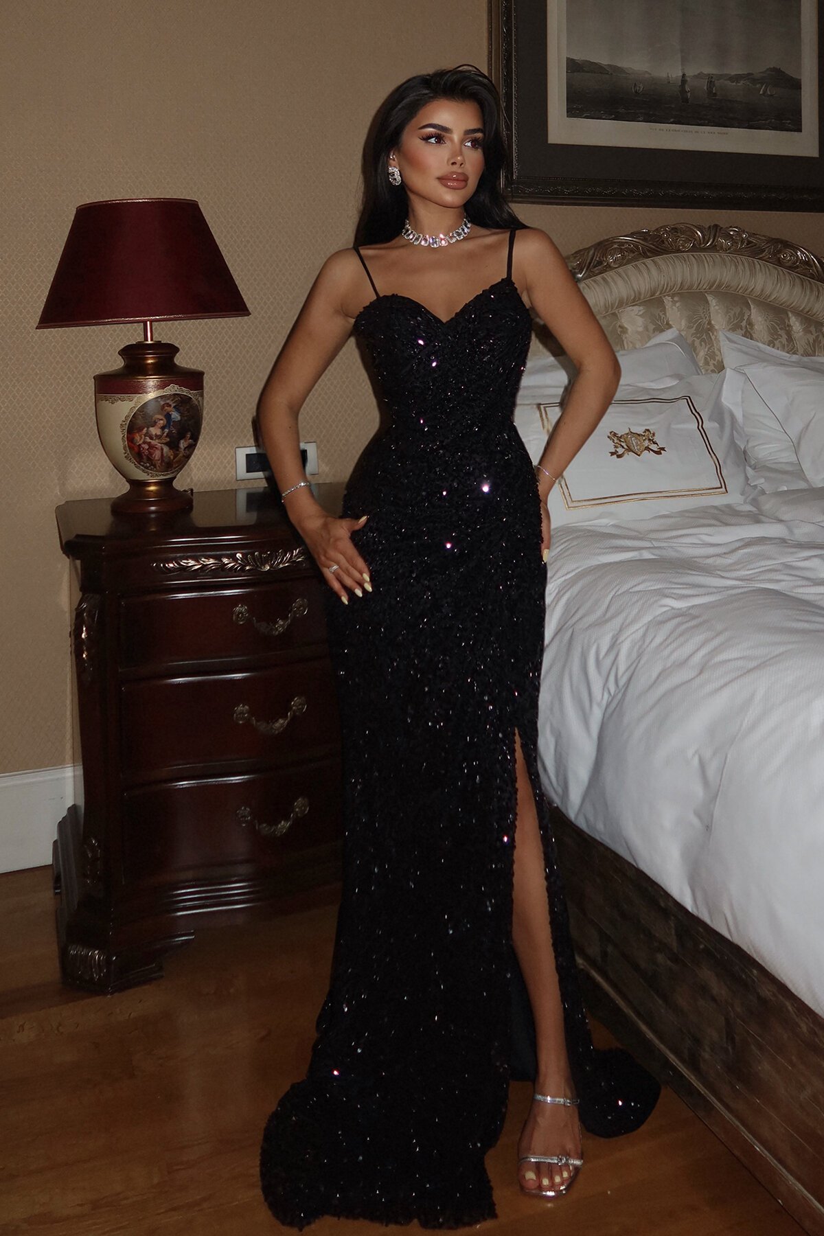 Payetli Yırtmaçlı Elbise - 1814