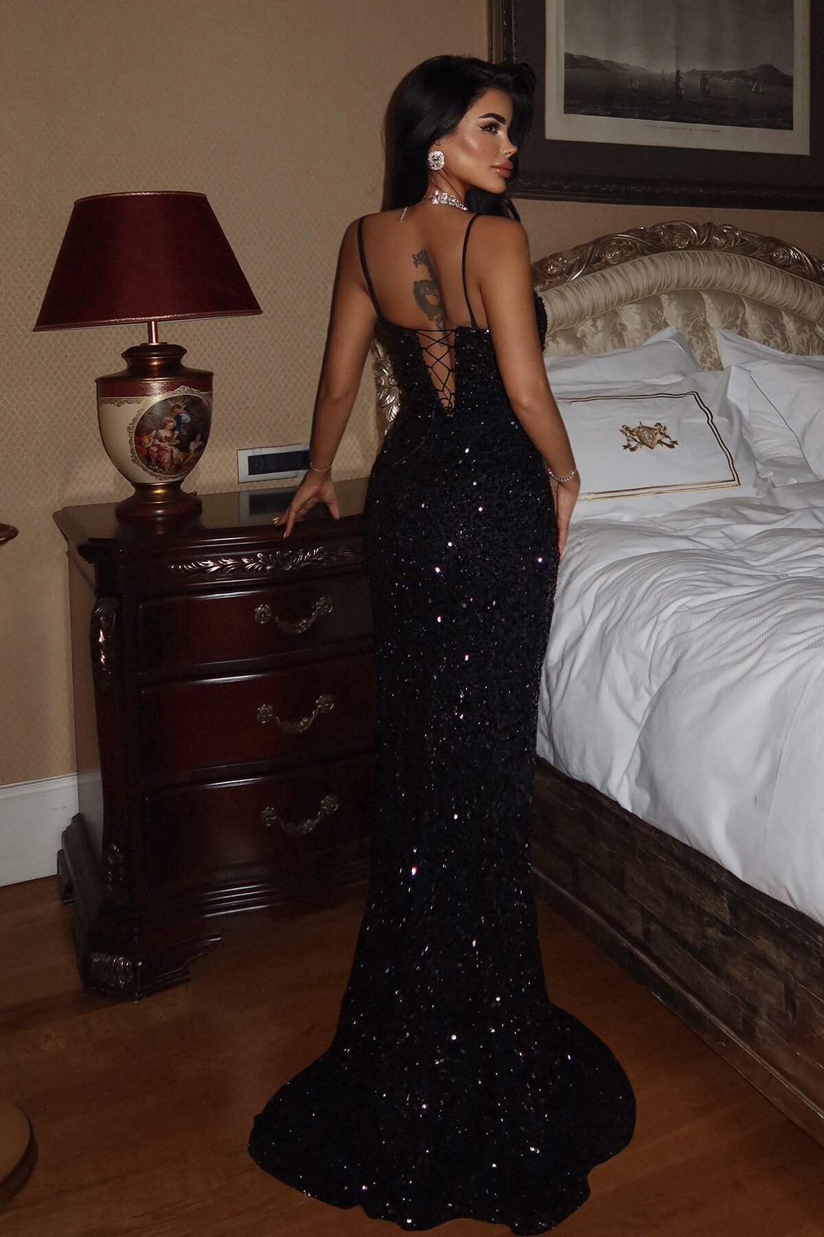 Payetli Yırtmaçlı Elbise - 1814