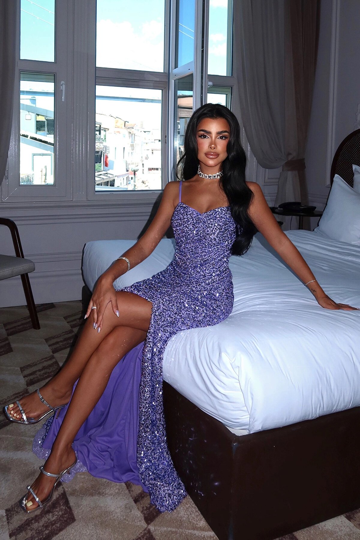 Payetli Yırtmaçlı Elbise - 1814