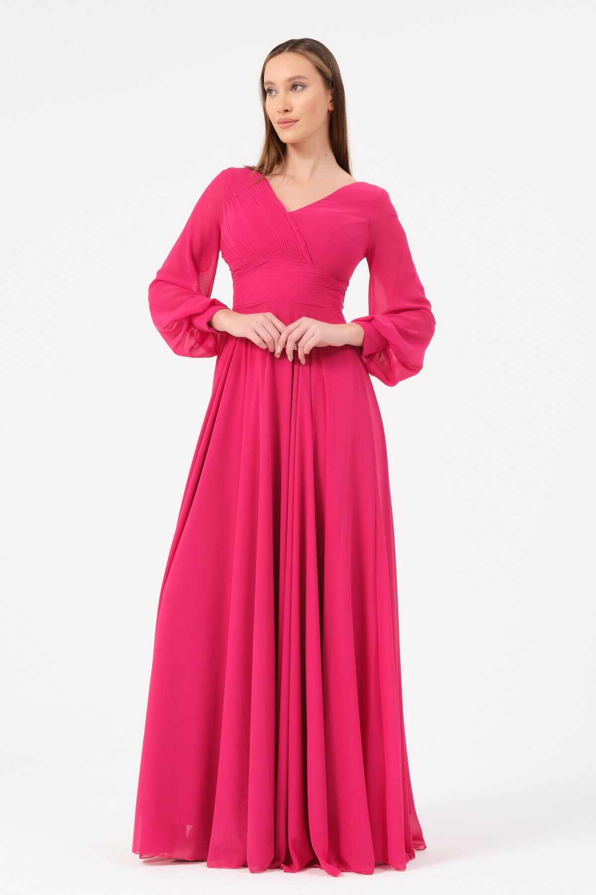 Pile Detaylı Kruvaze Yaka Elbise - 1565