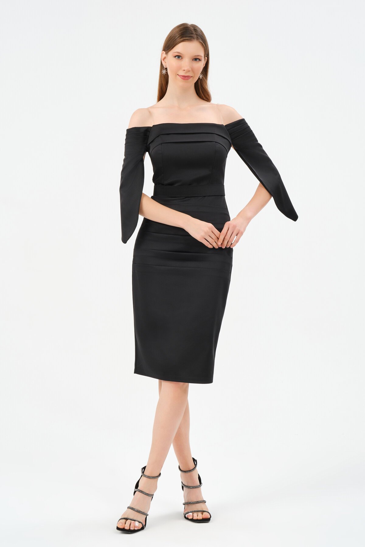 Pileli Kayık Yaka Detaylı Midi Elbise - 1559