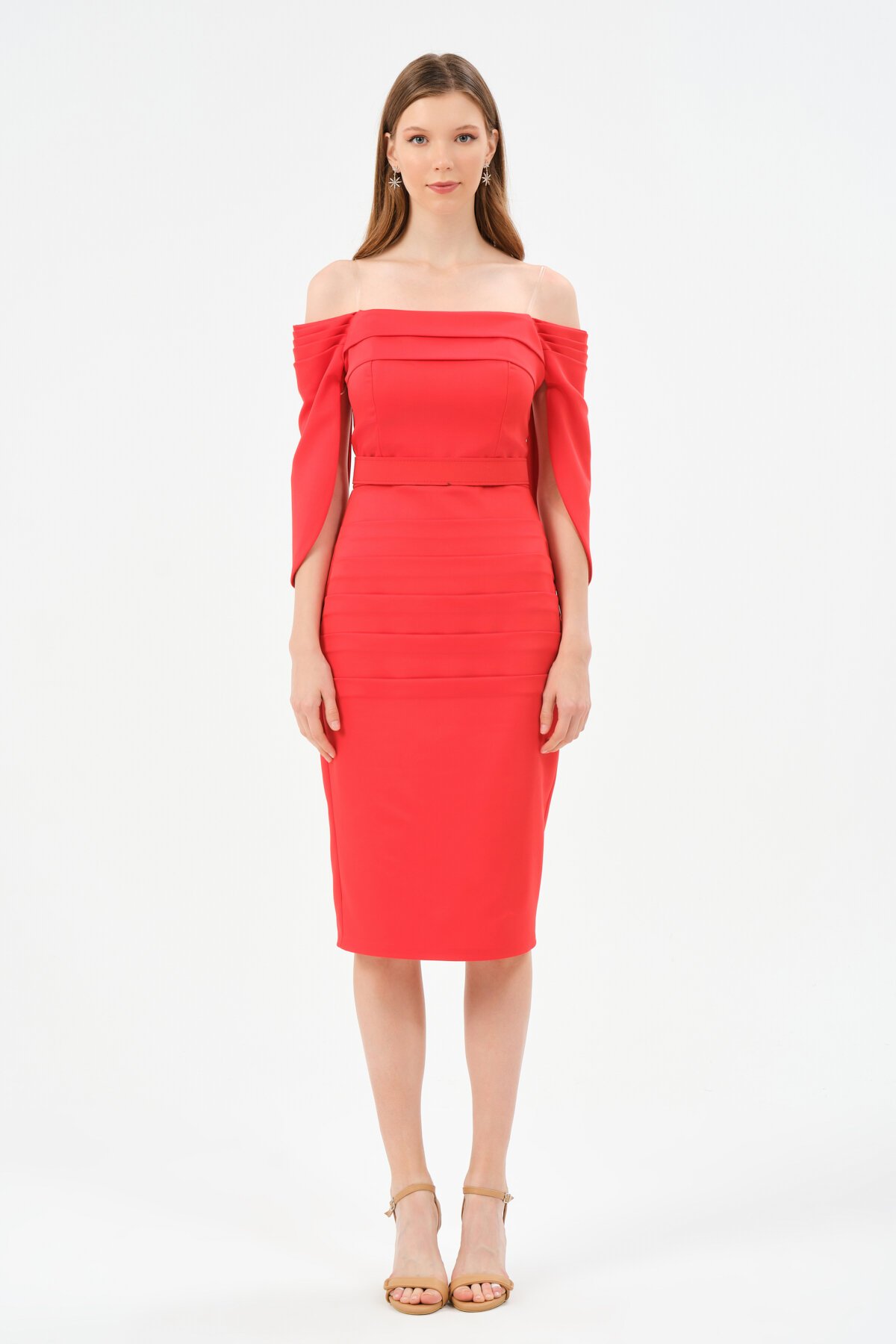 Pileli Kayık Yaka Detaylı Midi Elbise - 1559