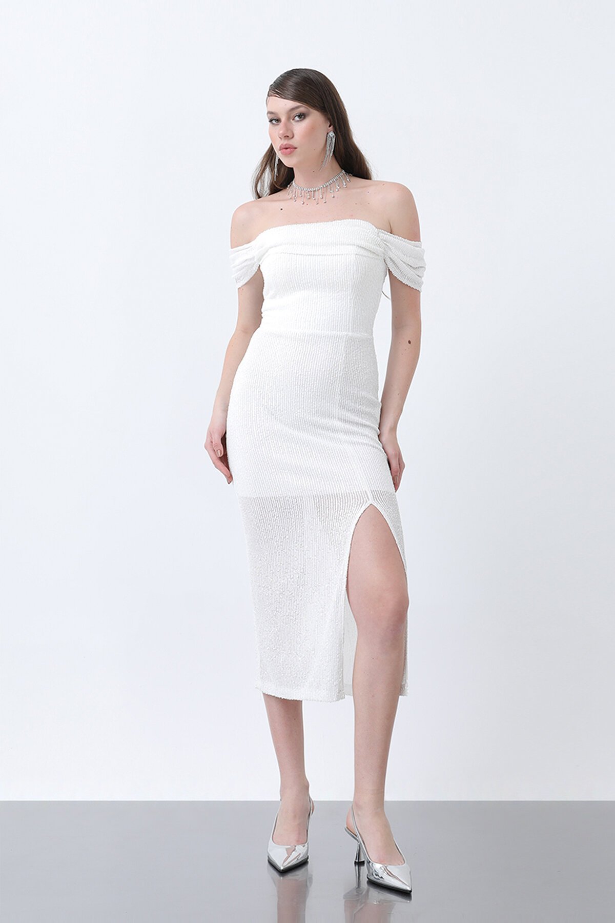 Kayık Yakalı Payetli Midi Elbise - 1660