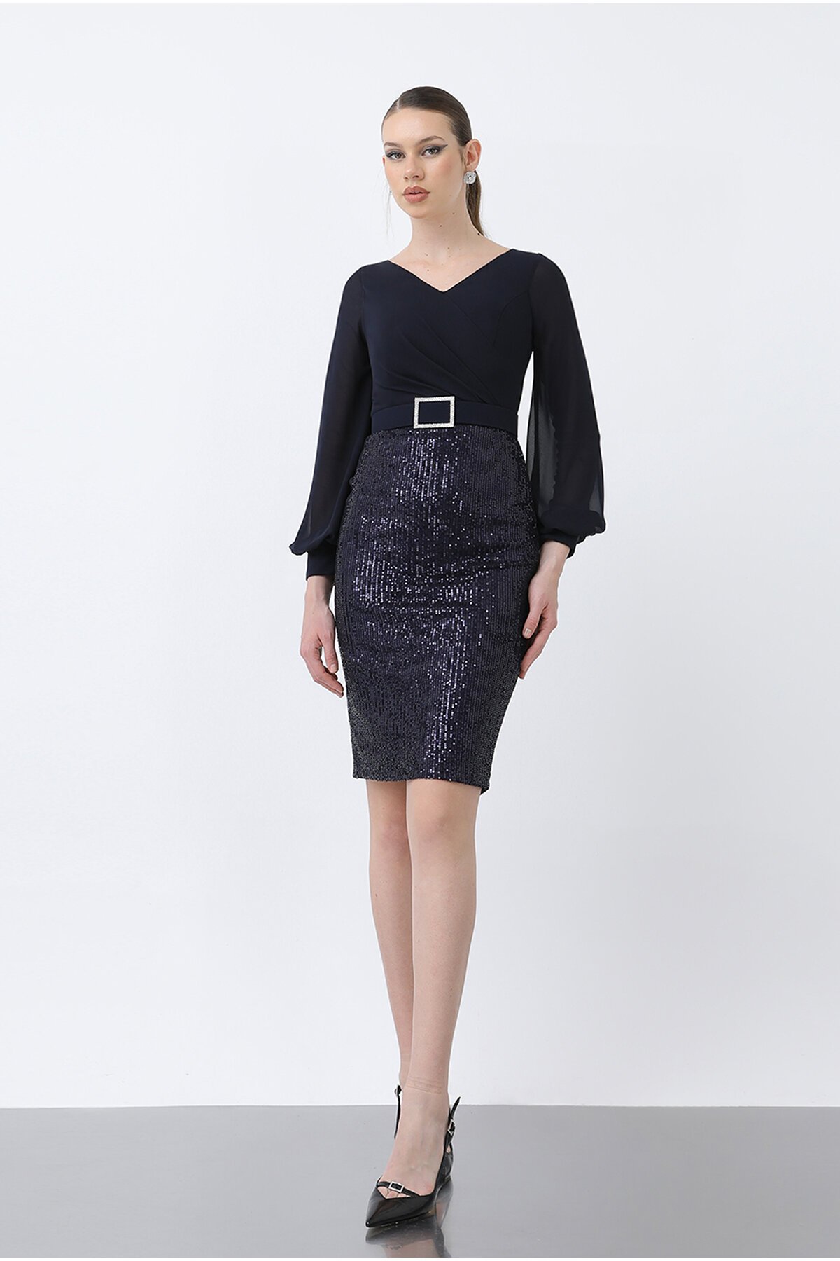 Pul Payetli  Üstü Şifon Elbise - 1606