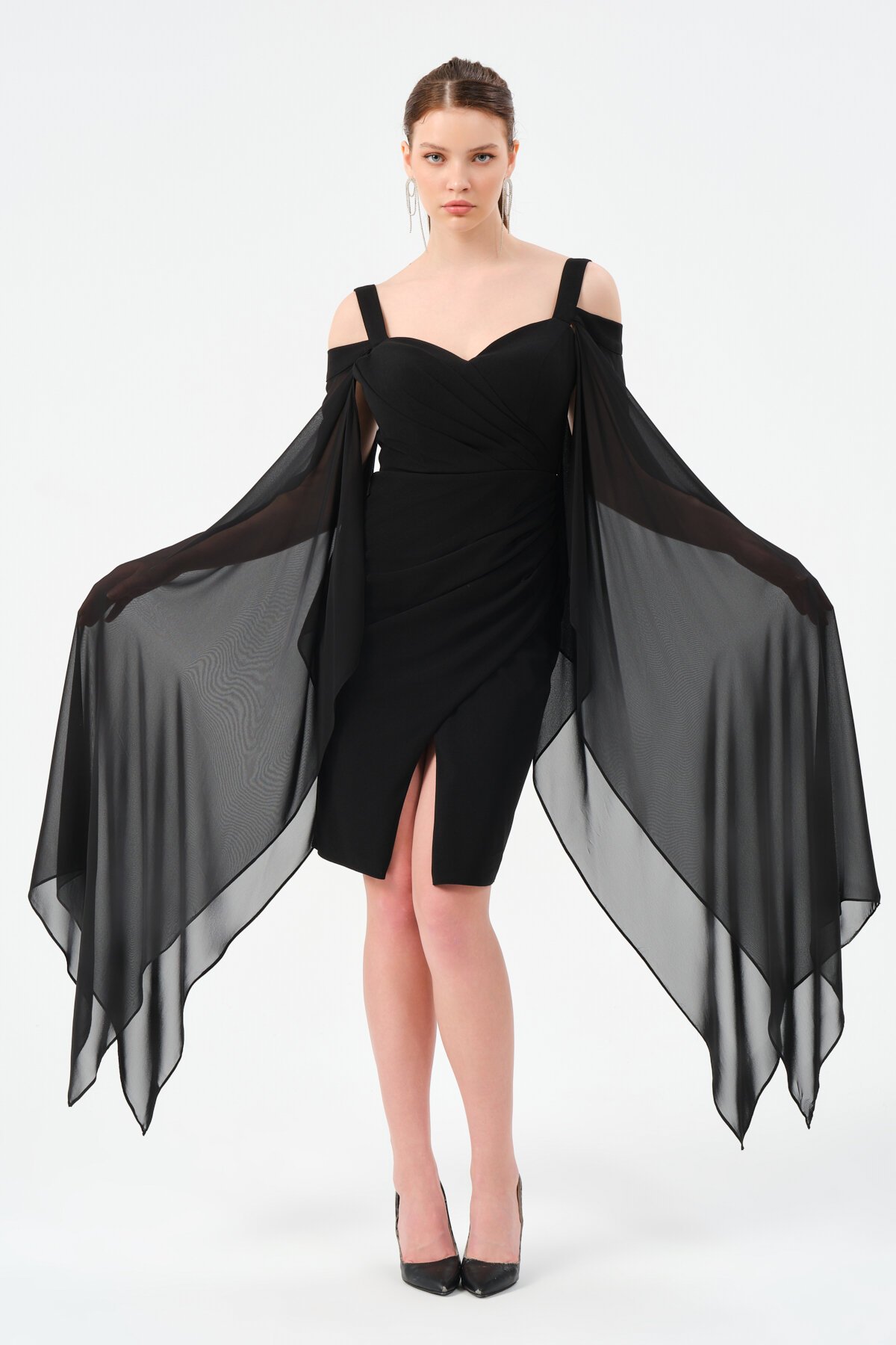 Şifon Detaylı Askılı Mini Elbise - 1576