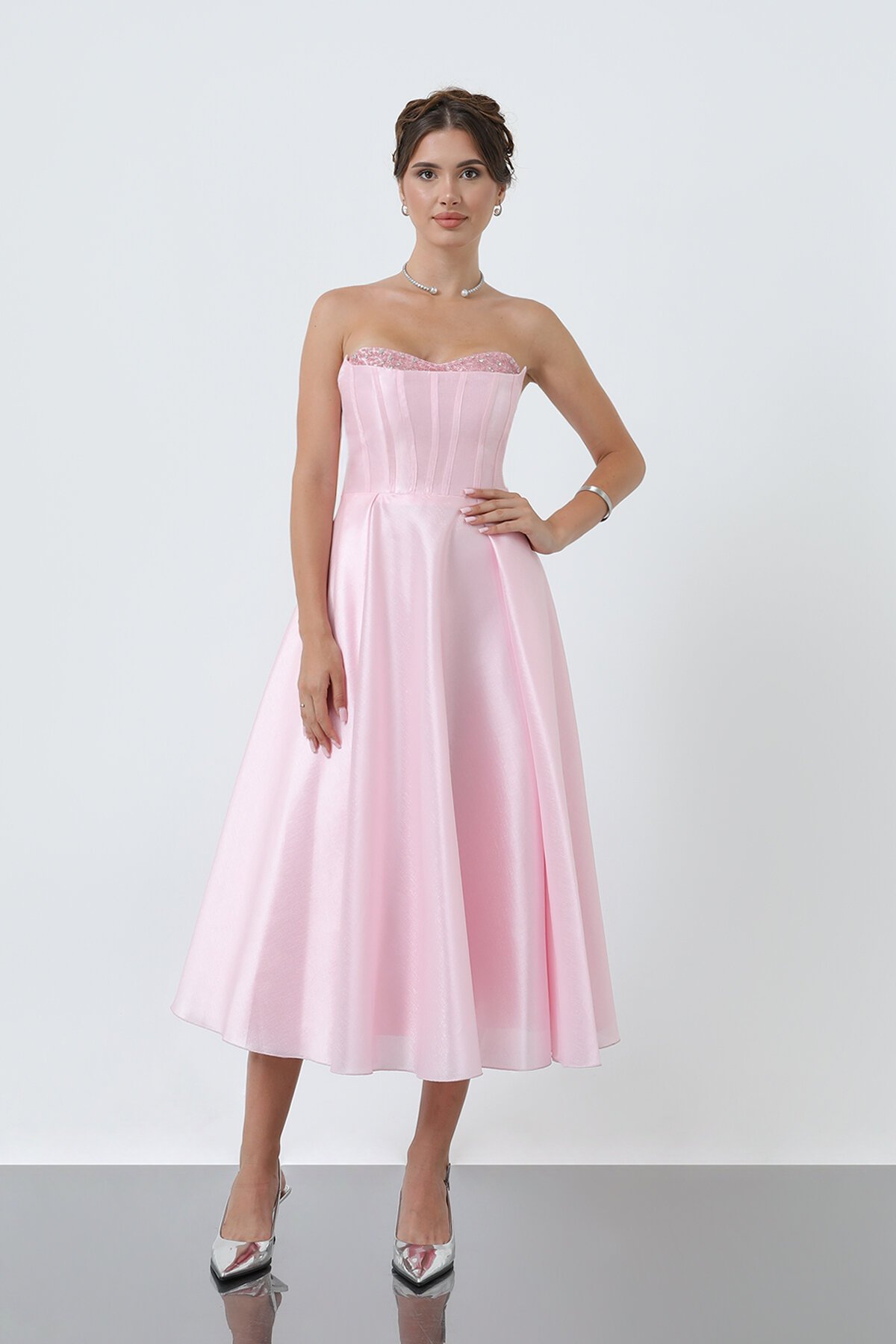 Taş Detaylı Straplez Midi Elbise - 1904