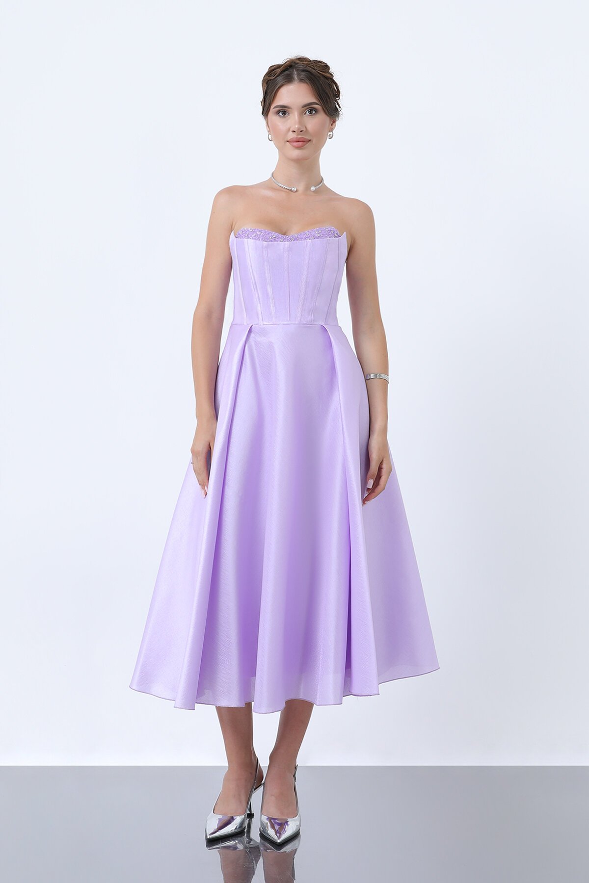 Taş Detaylı Straplez Midi Elbise - 1904