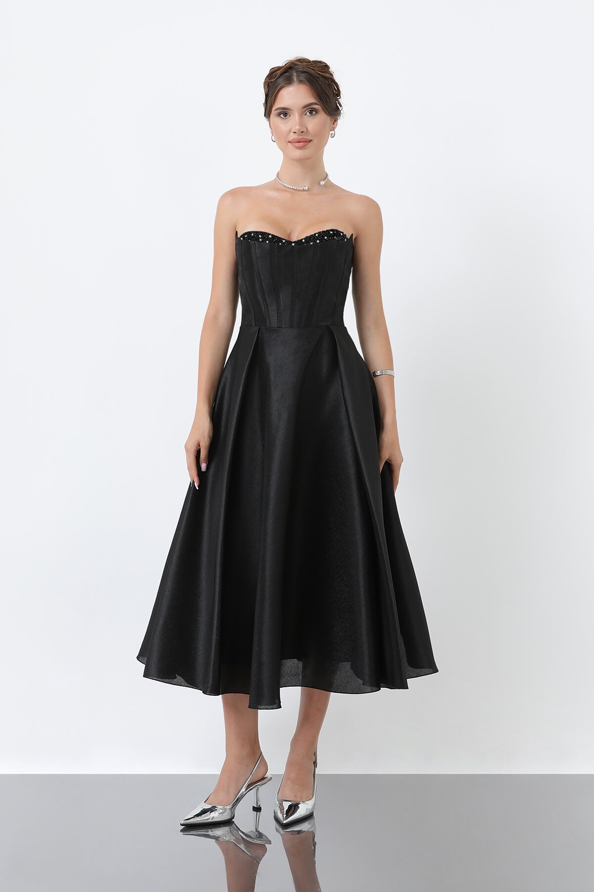 Taş Detaylı Straplez Midi Elbise - 1904