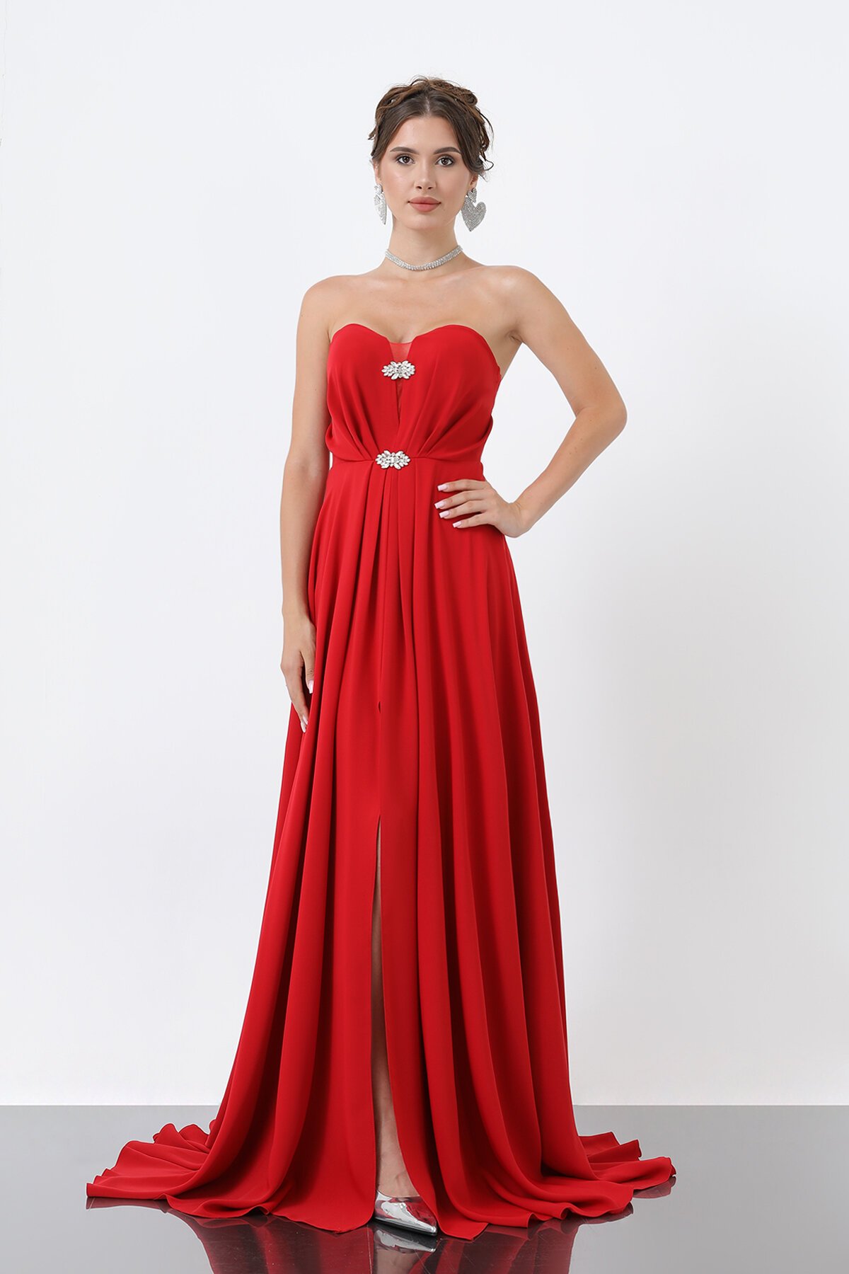 Broş Detaylı Straplez Elbise - 1881