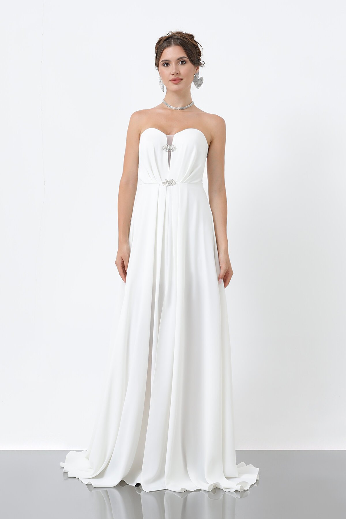 Broş Detaylı Straplez Elbise - 1881