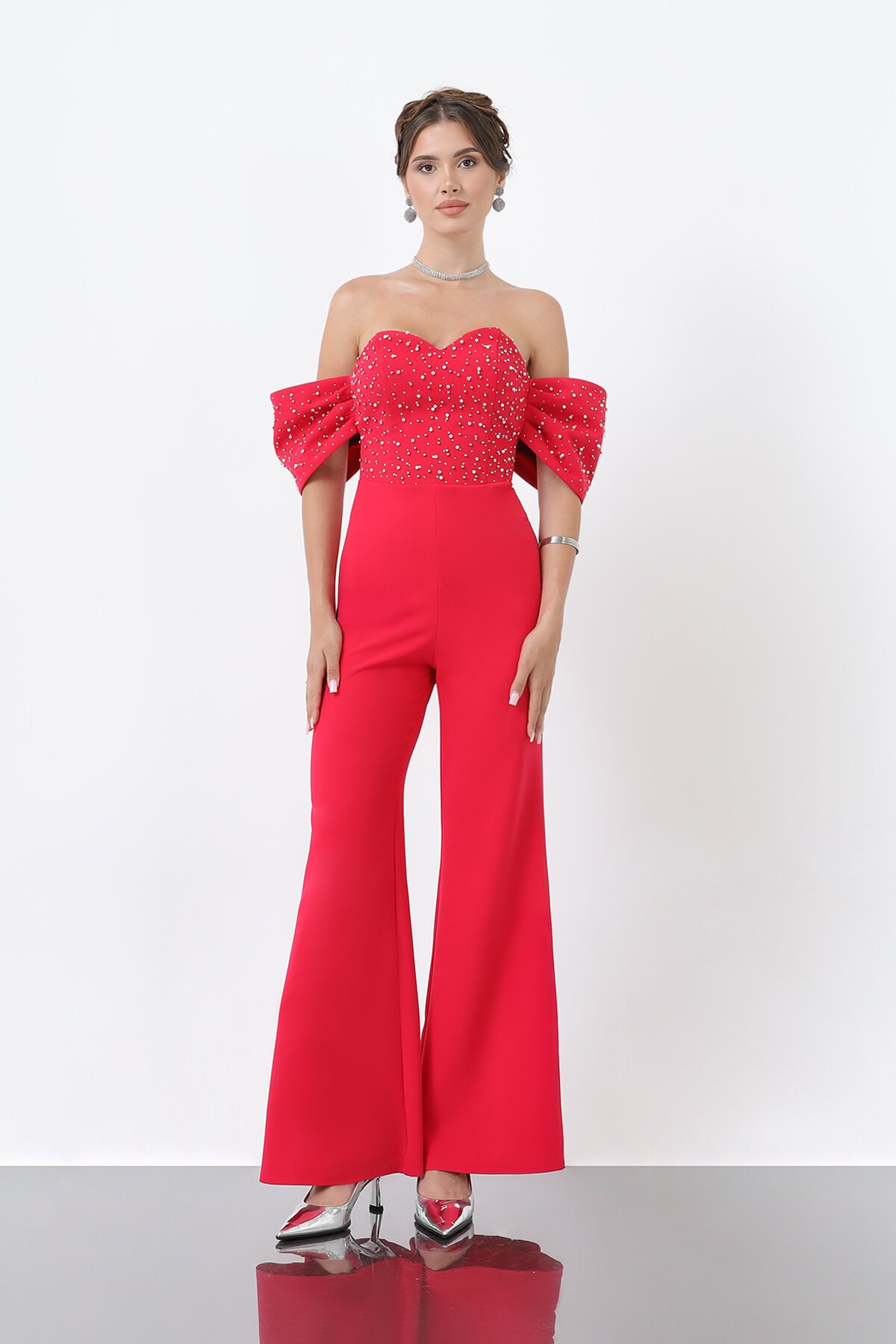 Kol Detaylı Taşlı Straplez Tulum - 1824