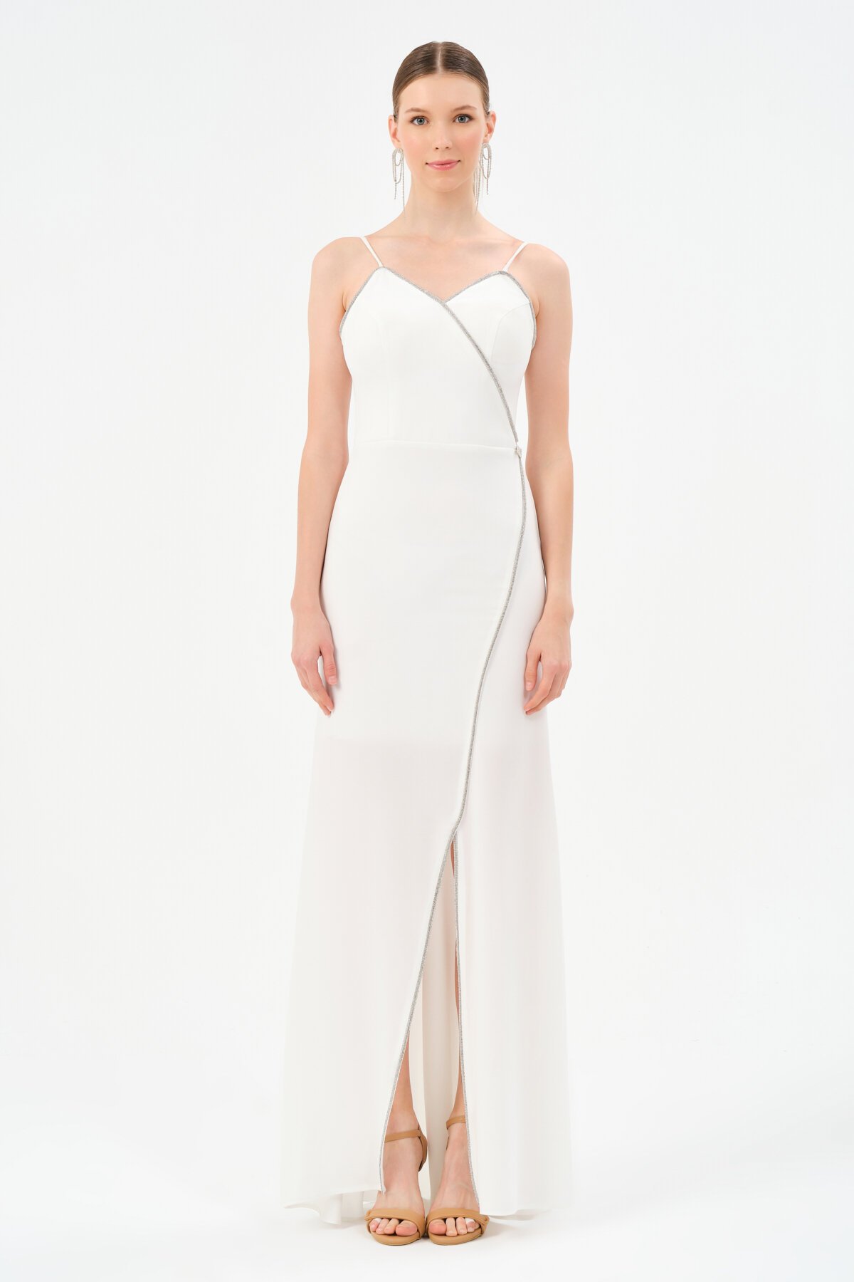 Taş Detaylı Askılı Asimetrik Elbise - 1518