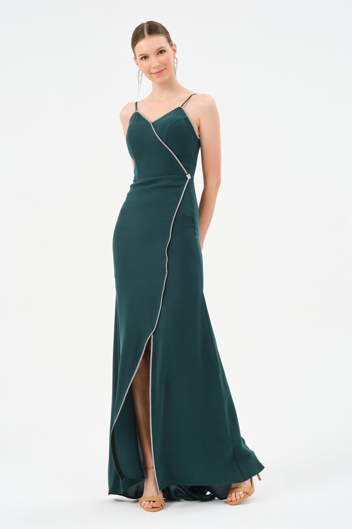 Taş Detaylı Askılı Asimetrik Elbise - 1518