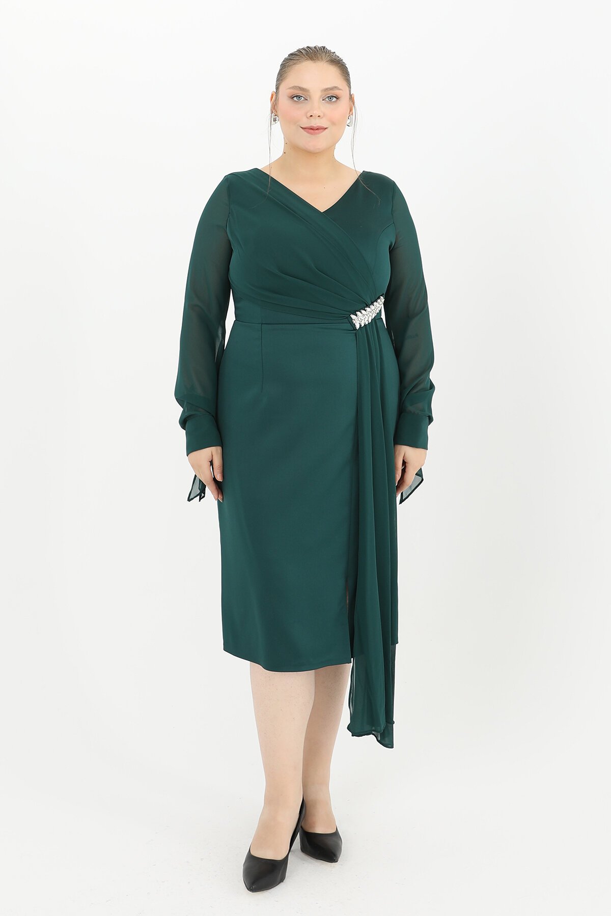 Taş Detaylı Drapeli Midi Elbise - 1647