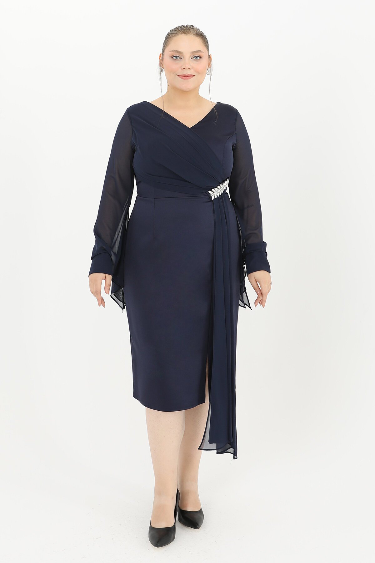 Taş Detaylı Drapeli Midi Elbise - 1647