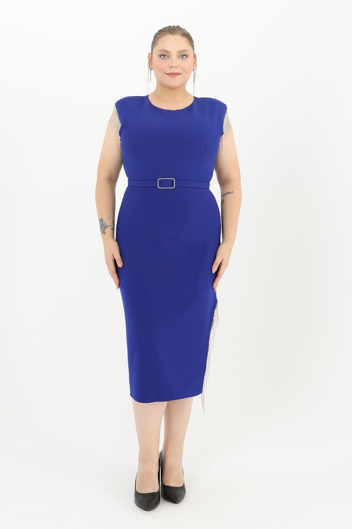 Taş Detaylı Kemerli Midi Elbise - 1626