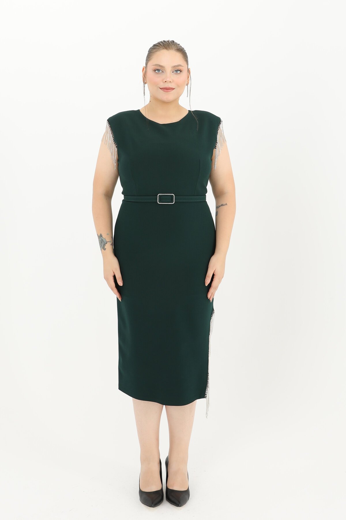 Taş Detaylı Kemerli Midi Elbise - 1626